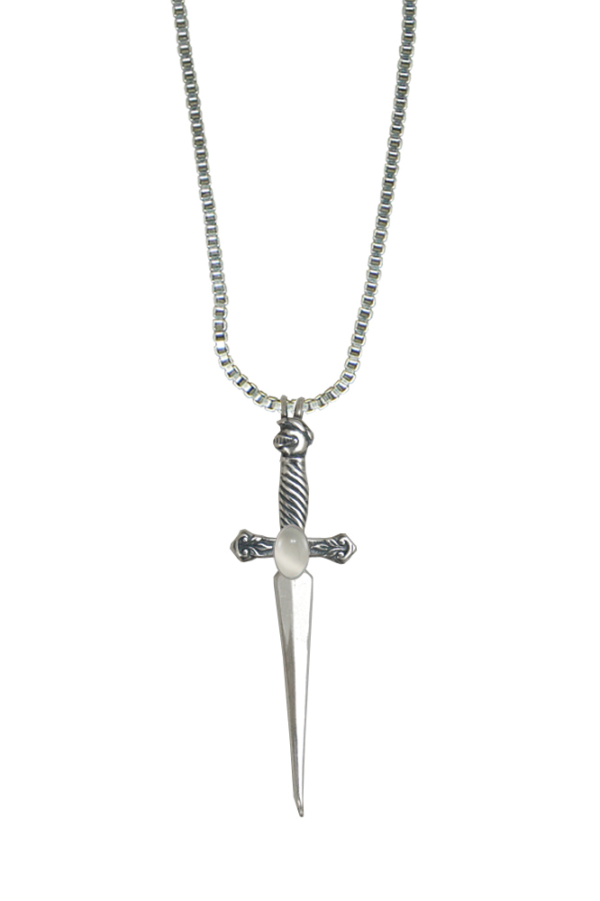 Sterling Silver Detailed Knight's Sword Pendant With White Moonstone
